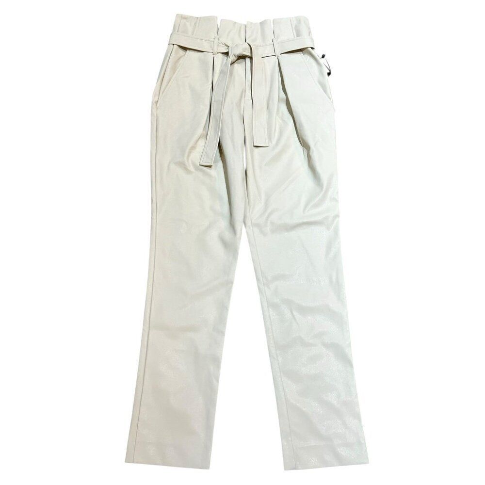 DKNY Womens Size 0 Ivory High Tie Waist Belted Faux Leather Pleated Pants NWT